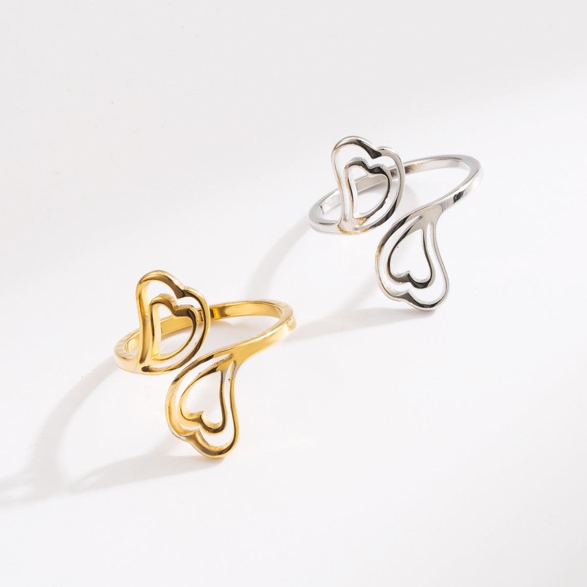 Vintage Minimalist Hollow Double Heart Stainless Steel Adjustable Ring for Women