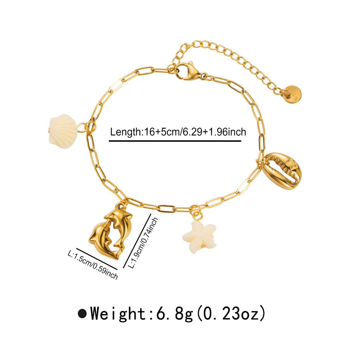 Bracciale in Acciaio Inossidabile a Forma di Animale all'Avanguardia con Ciondoli a Tartaruga, Stella Marina, Granchio e Delfino Placcati in Oro 14K per Donna