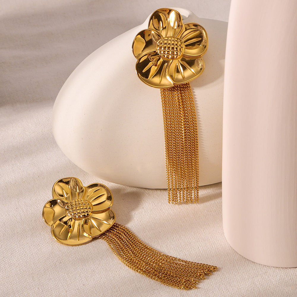 Pendientes minimalistas de acero inoxidable con forma de girasol, borlas y baño de oro de 18 quilates al vacío para mujer