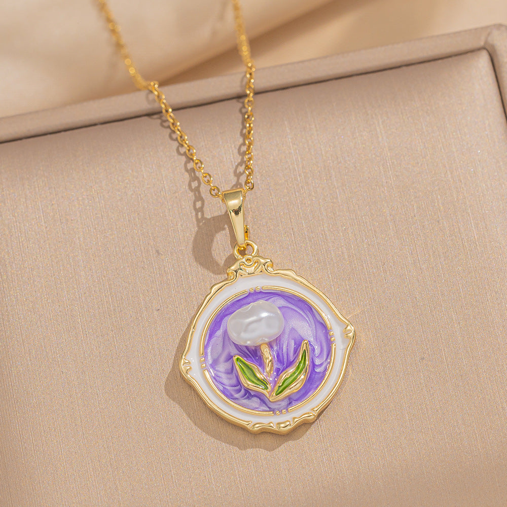 Baroque Style Leaf-Shaped Titanium Steel Necklace with Tulip Floral Motif, Vacuum-Plated for Hypoallergenic Wear, O-Chain Design
