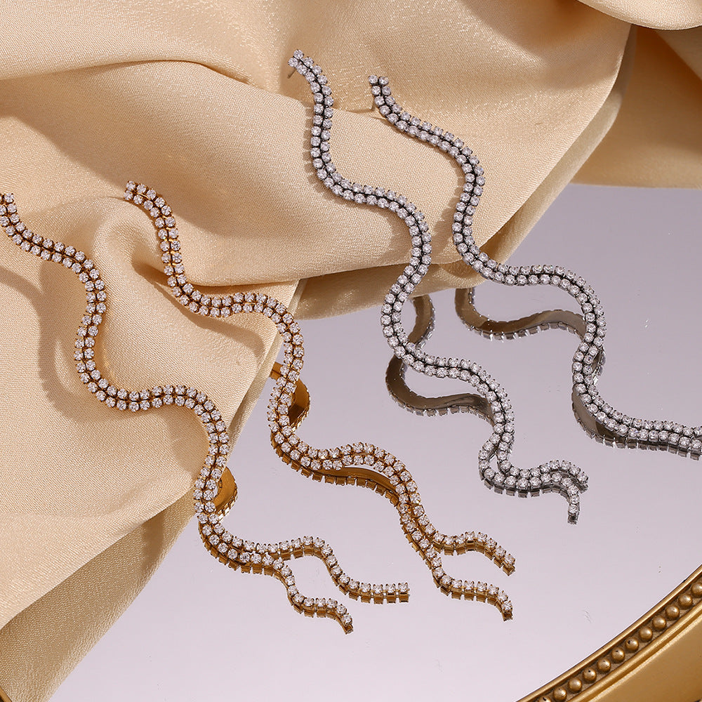 Minimalist Geometric Stainless Steel Plated 18K Gold S-Curve Zircon Earrings for Women