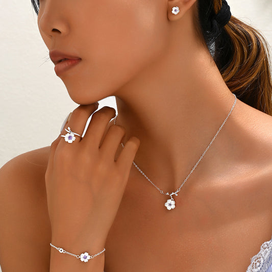 Romantic Cherry Blossom Pendant Necklace Set for Women with Zircon Inlay on Copper Base Floral Design Long Chain