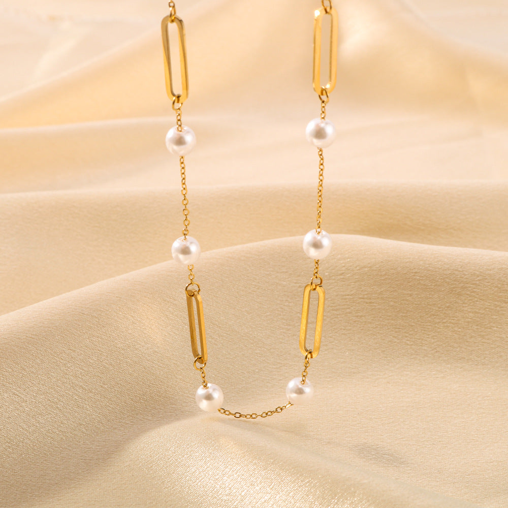 Minimalist Oval Hollow Pearl Necklace in Titanium Steel with 18K Gold Plating on O-Chain for Women
