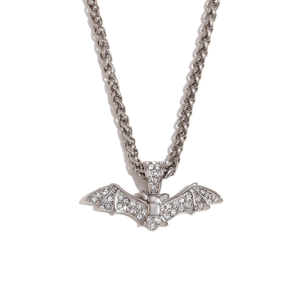 Fashionable Bat-Shaped Pendant Necklace for Women Stainless Steel with 18K Gold Plating and Full Rhinestone Inlay on Standard Chain