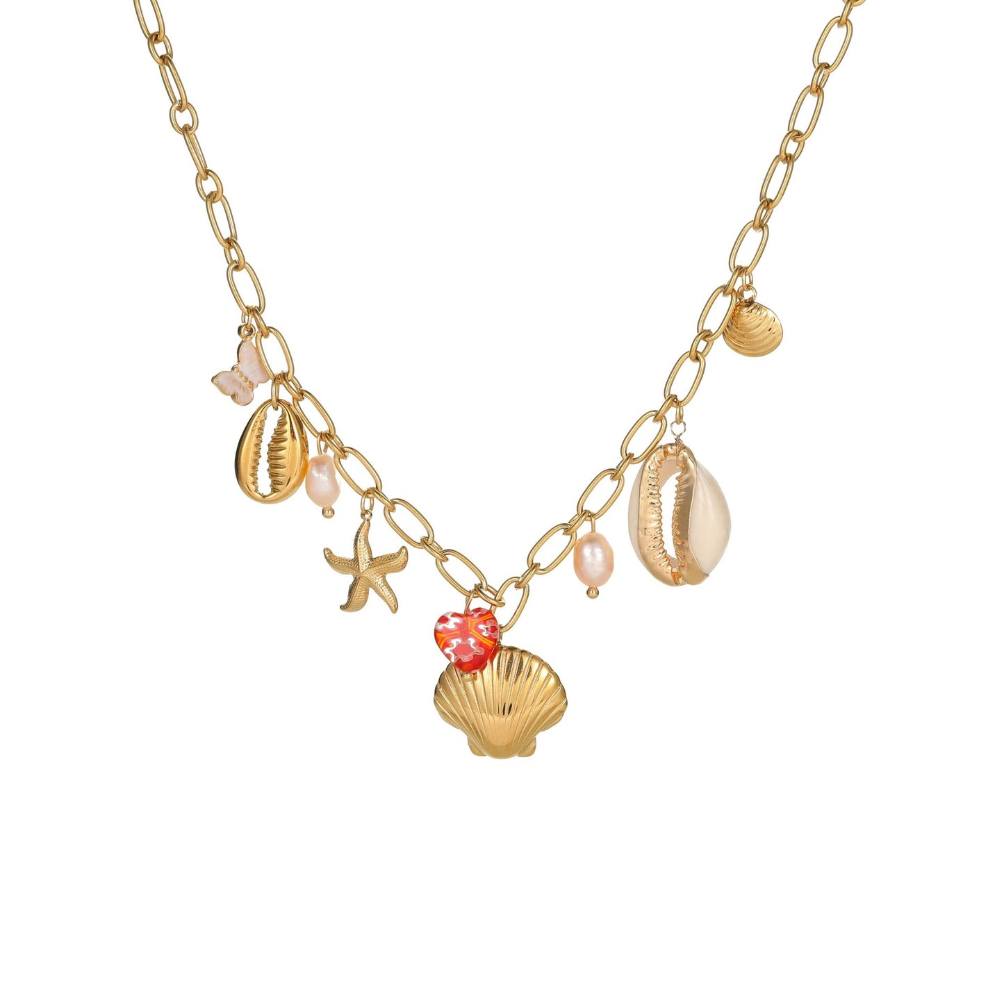 Fashionable Summer Ocean-Themed Stainless Steel Necklace with Starfish and Seashell Pendant, Electroplated for Fade Resistance, Women's Minimalist Beach Jewelry