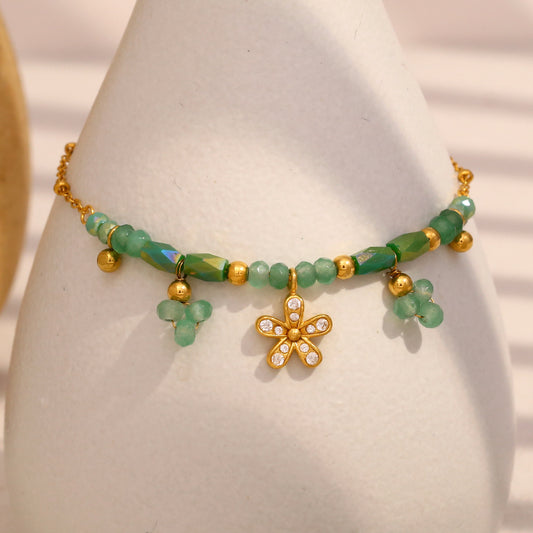 Pulsera de cuentas de acero inoxidable chapado en oro de 18 quilates con diseño floral geométrico minimalista de moda para mujer