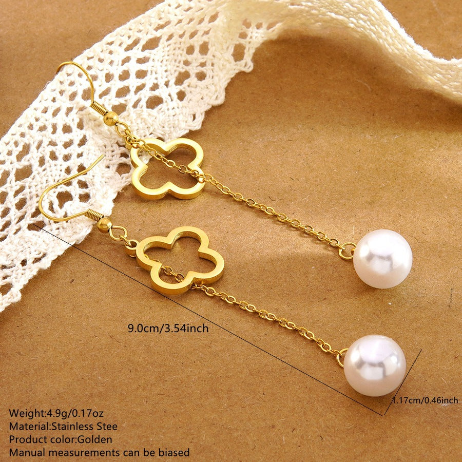 Set di collana e orecchini minimalisti in acciaio al titanio con fiore, perla geometrica e catenina