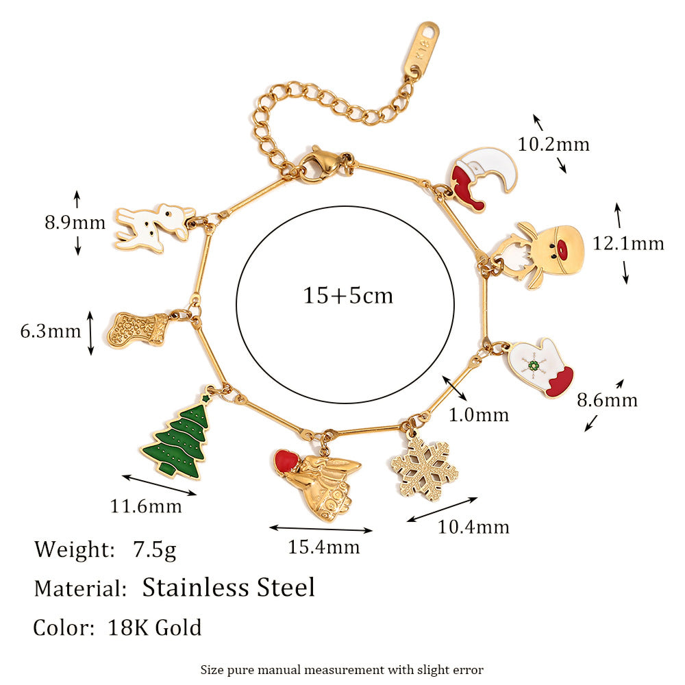 Collana con ciondolo a cartone animato natalizio carino da donna, in acciaio inossidabile con placcatura in oro 18 carati, catena a serpente con motivi a fiocco di neve, renna e campanella di Babbo Natale