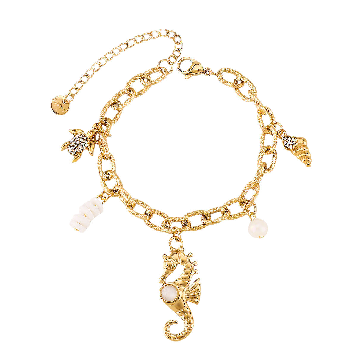 Vacation Style Seashell and Seahorse Pendant Stainless Steel Bracelet for Women with Plated Finish