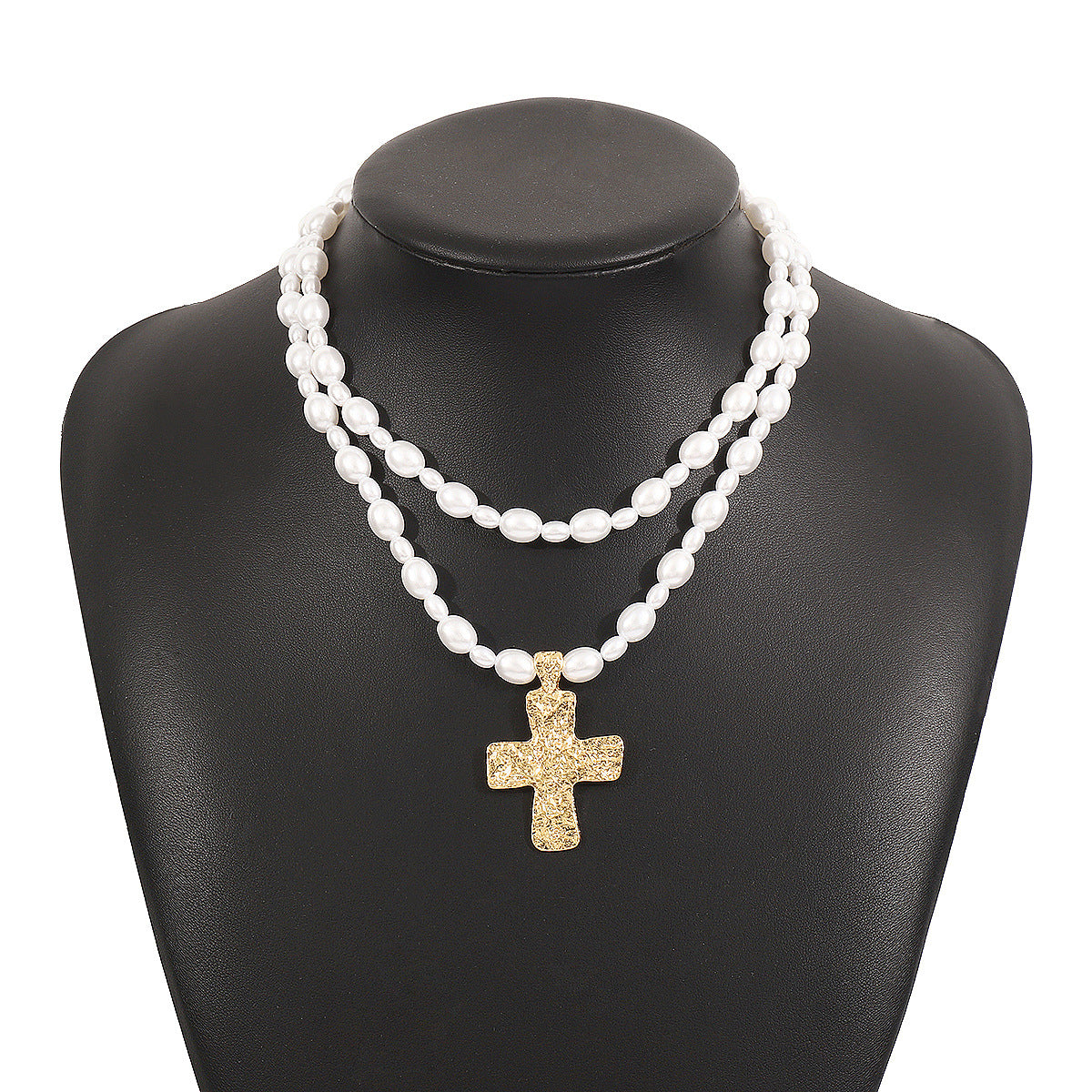 Collar con colgante de cruz de estilo vintage francés con aleación y detalles de perlas simuladas, diseño geométrico, cadena de clavícula de doble capa para mujer