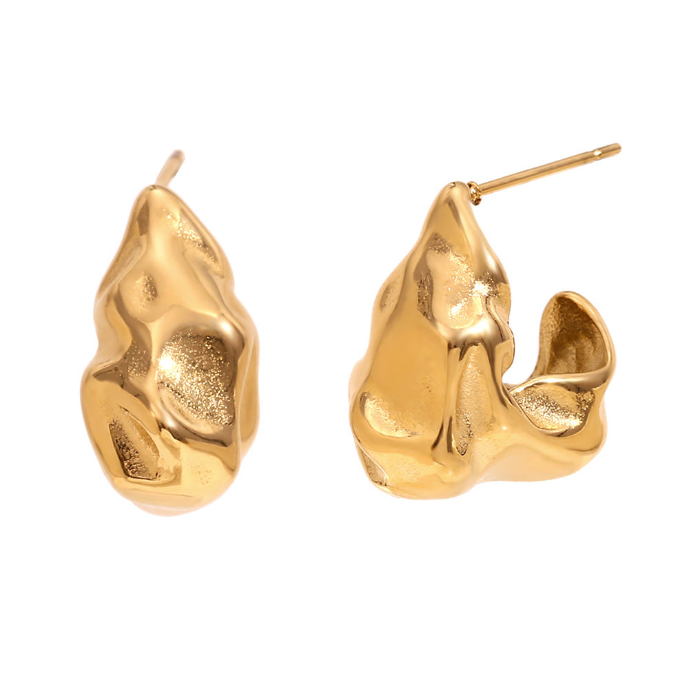 Vintage-Inspired Geometric Stainless Steel Ear Studs with 18K Gold Plating and Hammered Texture