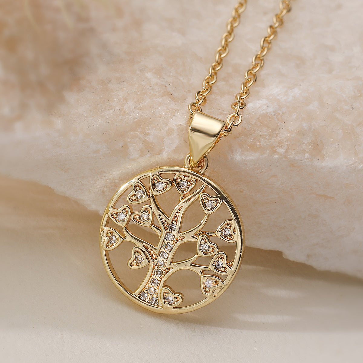 Fashion 18K Gold Plated Brass Round Tree of Life Cubic Zirconia Pendant Necklace for Women