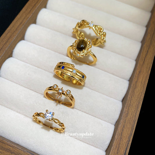 Anello da donna in rame placcato oro a forma geometrica in stile esotico con intarsio di zirconi