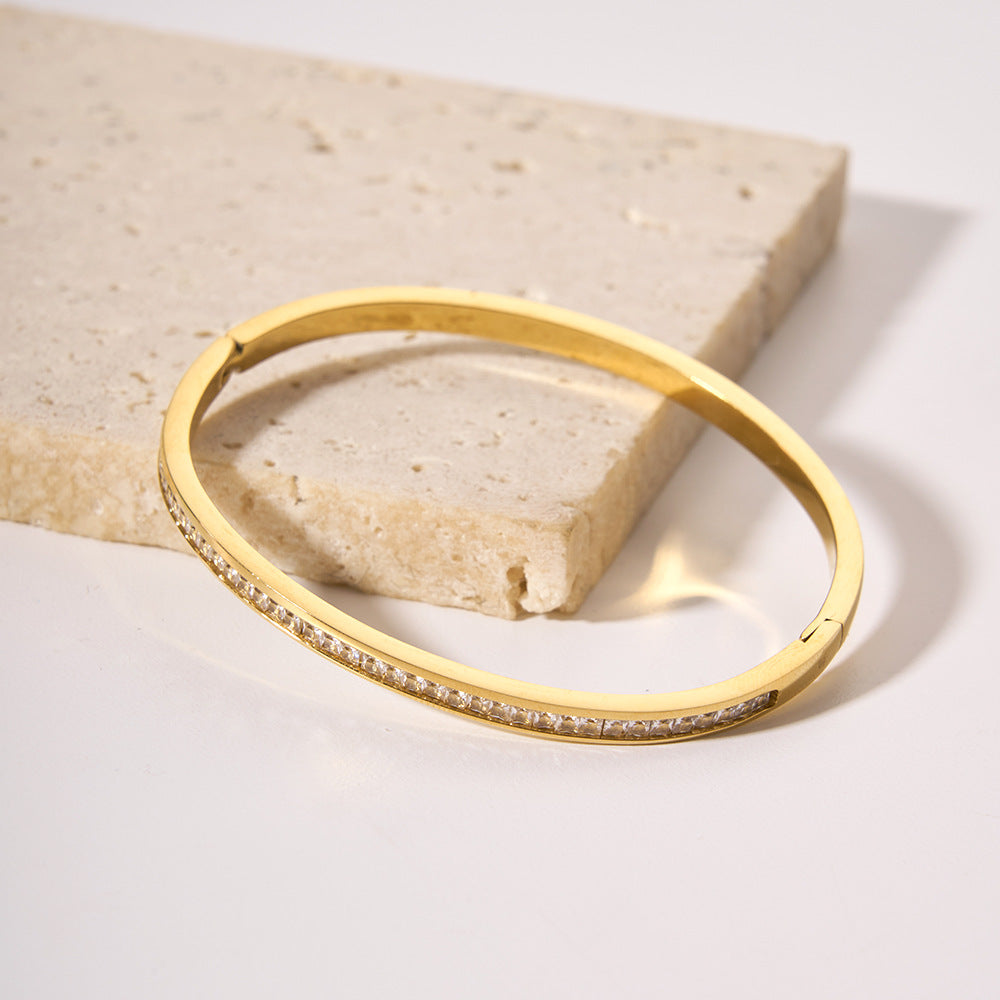 Vintage Minimalist 18K Gold Plated Titanium Steel Cuff Bracelet with White Zircon Inlay for Women