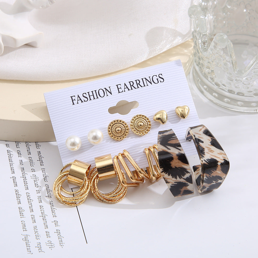Vintage Square Geometric Heart Alloy Plated Earring Set with Pearl Inlay