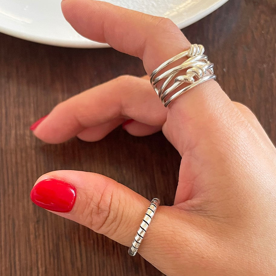 Minimalist Irregular Geometric Silver Ring for Women with Braided Rope Knot Detail in 925 Sterling Silver