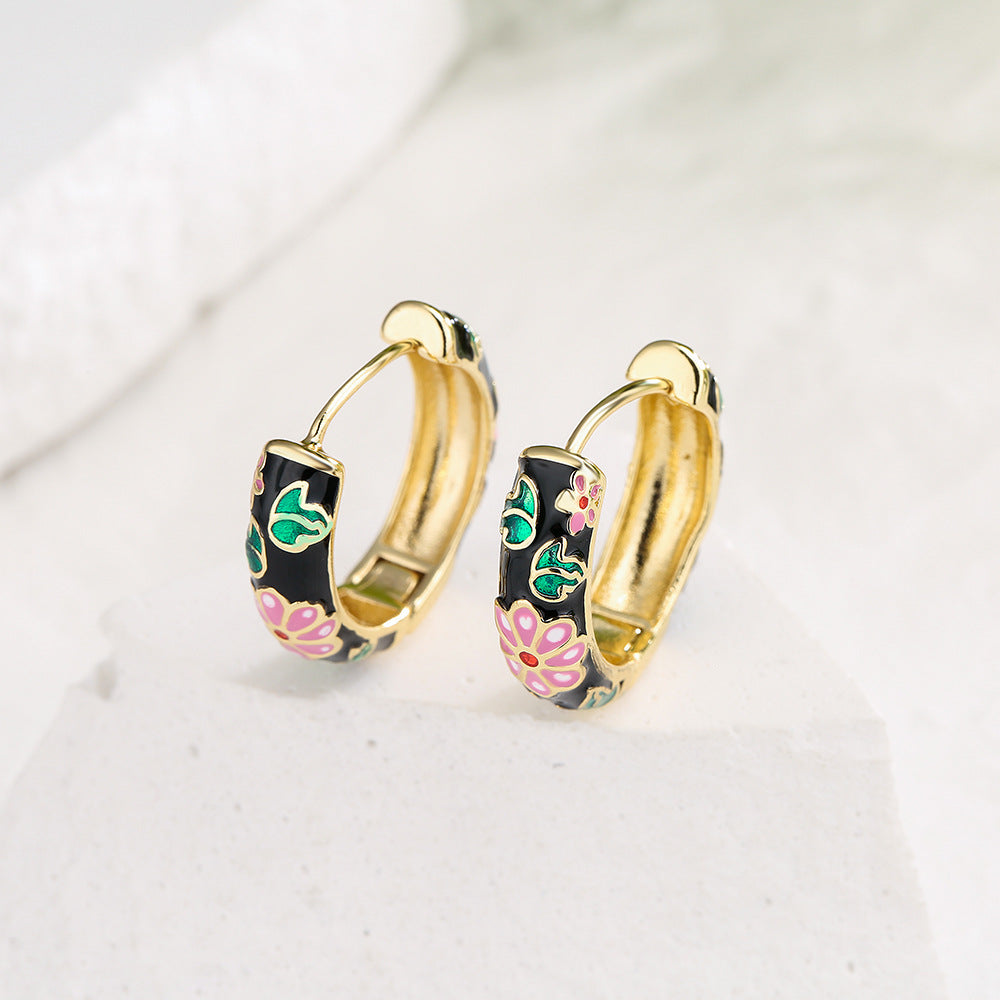 Minimalist Geometric Copper Hoop Earrings with 18K Gold Plating and Floral Enamel Accents for Women