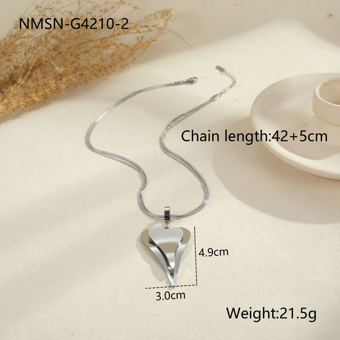Collar de cadena de serpiente de doble corazón de moda en acero inoxidable con acabado chapado para mujer