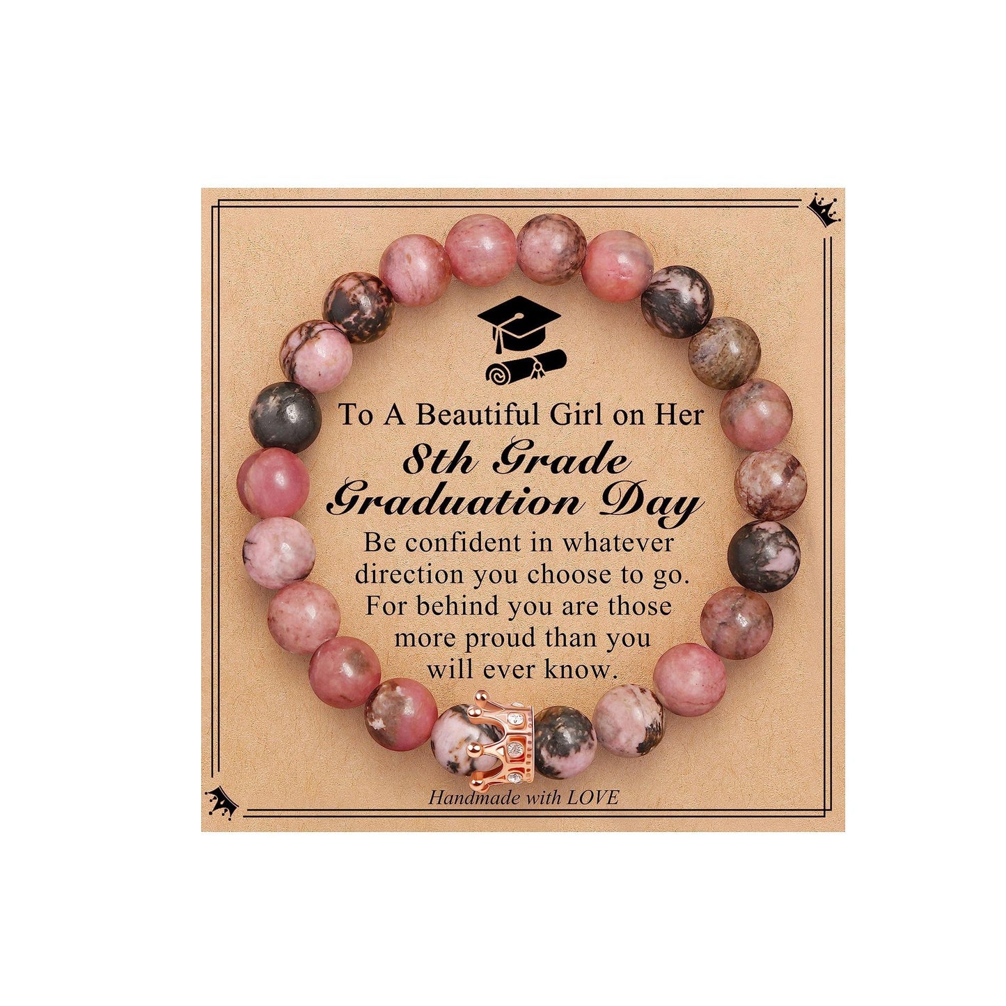 Elegant Crown Brass Bracelet with Natural Agate and Rhodochrosite Beads
