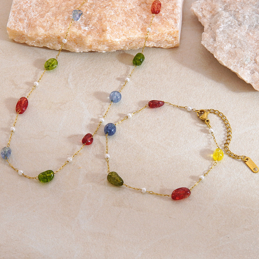 Set di collana e bracciale in acciaio inossidabile placcato oro 18K con design floreale rotondo, minimalista e grazioso, con perline di cristallo da donna