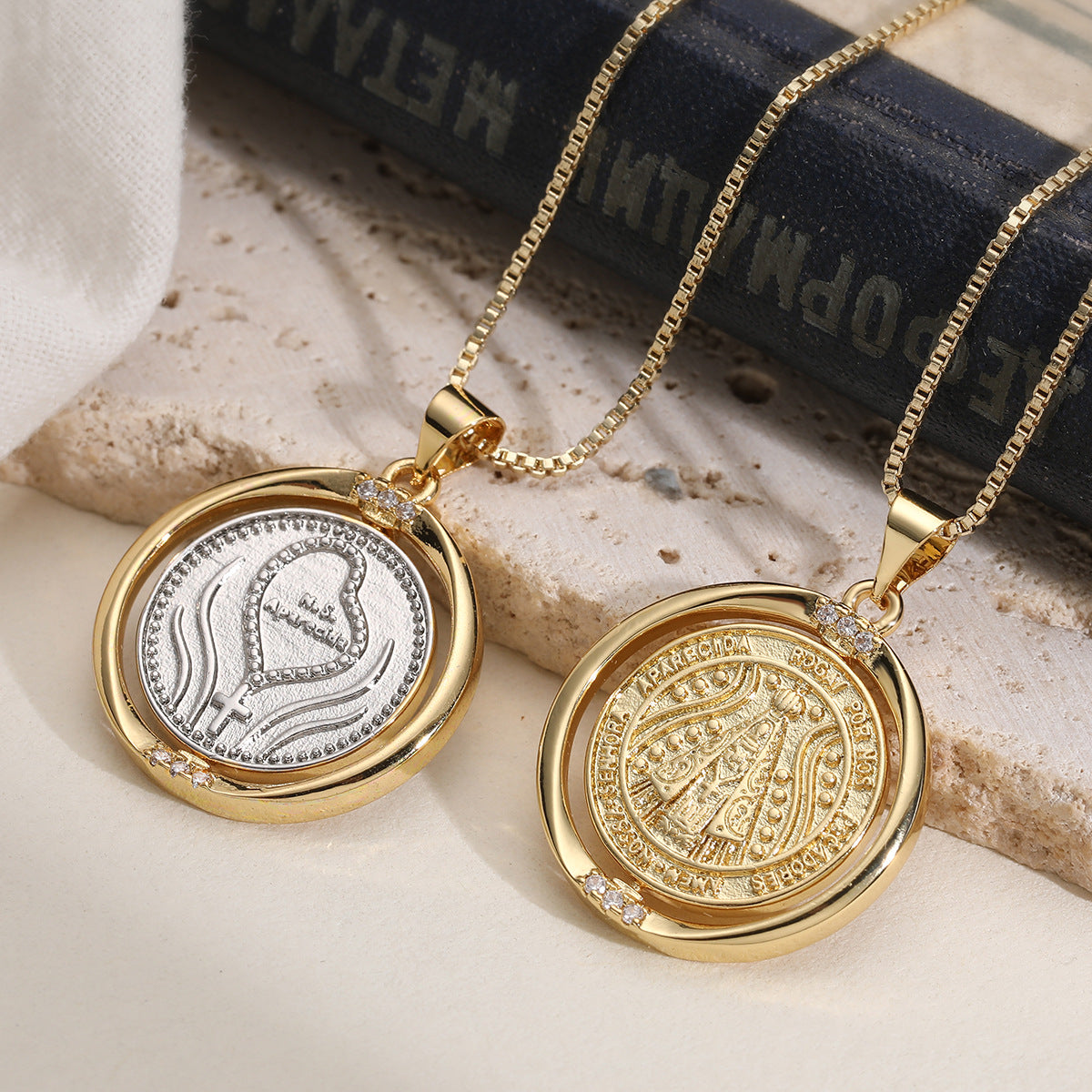 Vintage Minimalist Geometric Brass Gold Plated Cubic Zirconia Rotatable Pendant Necklace