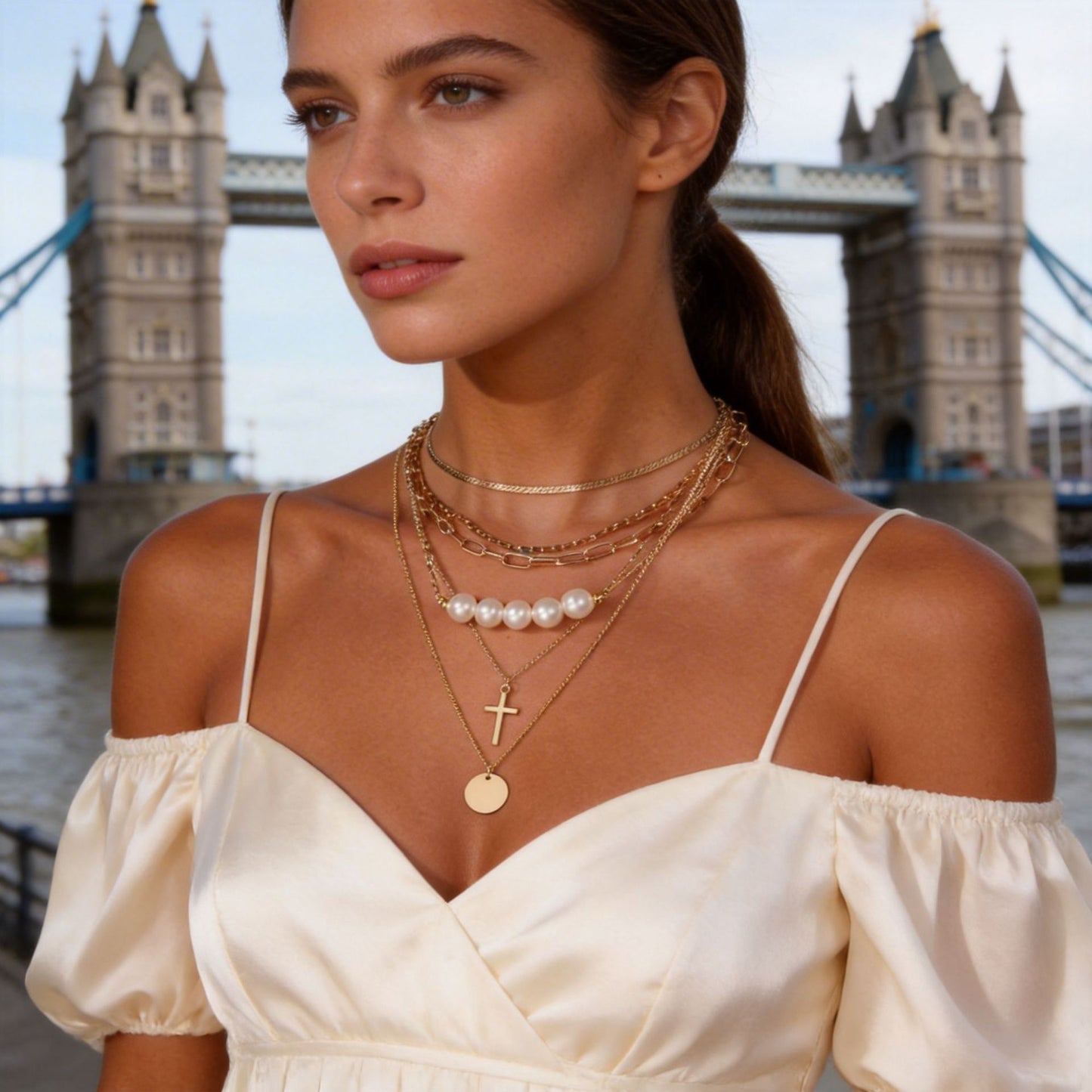Fashion Geometric Round Cross Alloy Plated Pendant Necklace Set with Irregular Chain and Pearls for Unisex