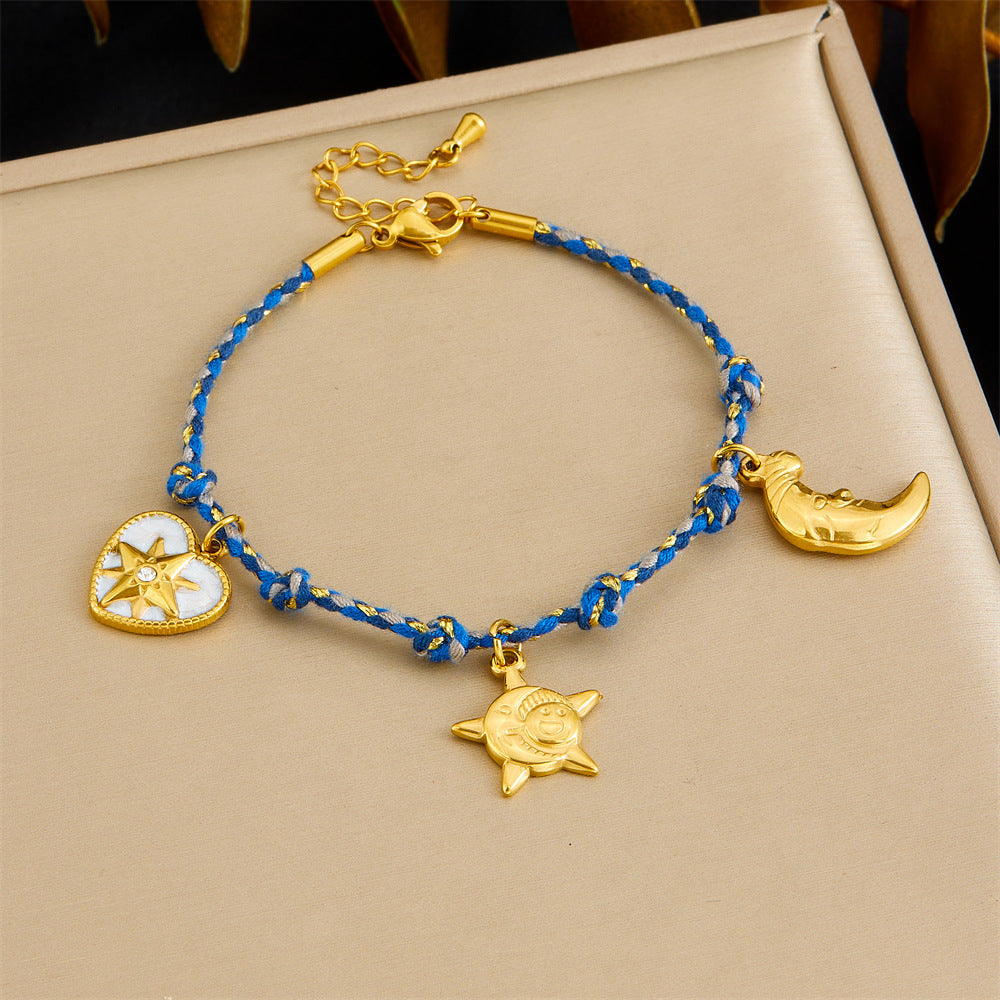 Bohemian Vintage Gold Plated Stainless Steel Rope Chain Necklace and Bracelet Set with Animal Pendant