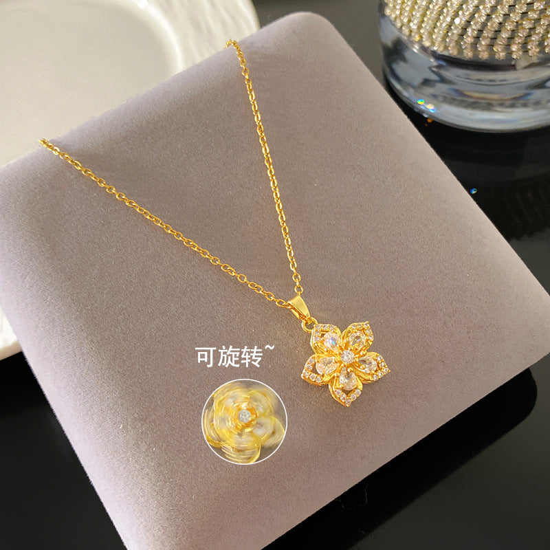 Sweet Sporty Rotatable Cubic Zirconia Floral Titanium Steel Necklace for Women