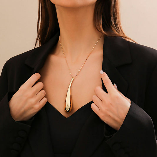 Punk Minimalist Teardrop Oval Alloy Plated Pendant Necklace Snake Chain for Women