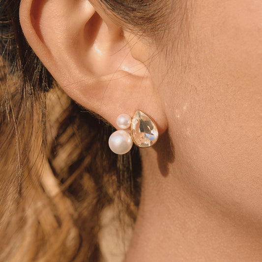Elegant Geometric Teardrop Stainless Steel Earrings with Rhinestone and Imitation Pearl PVD Plated for Women