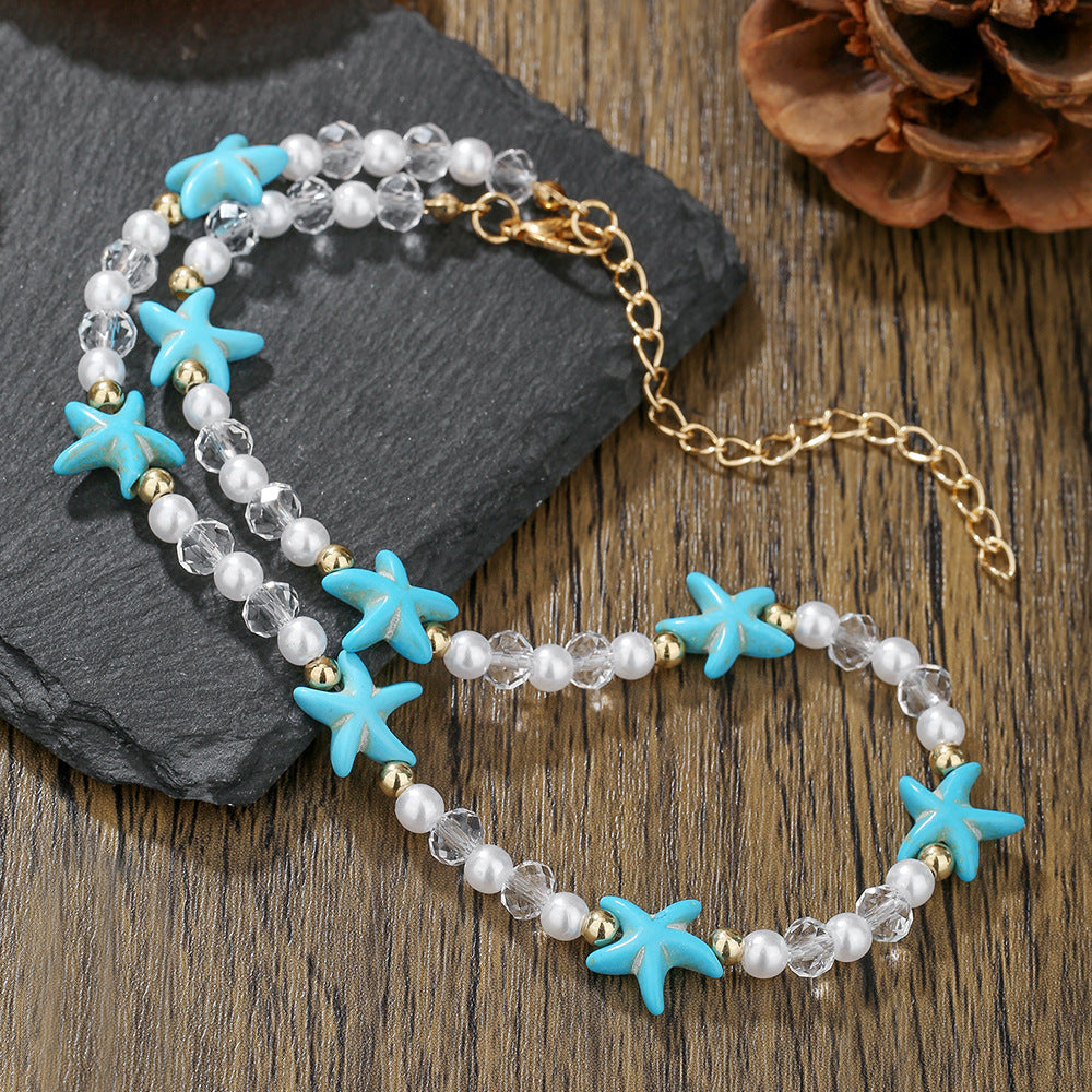 Bohemian Turquoise Starfish Pearl Crystal Necklace