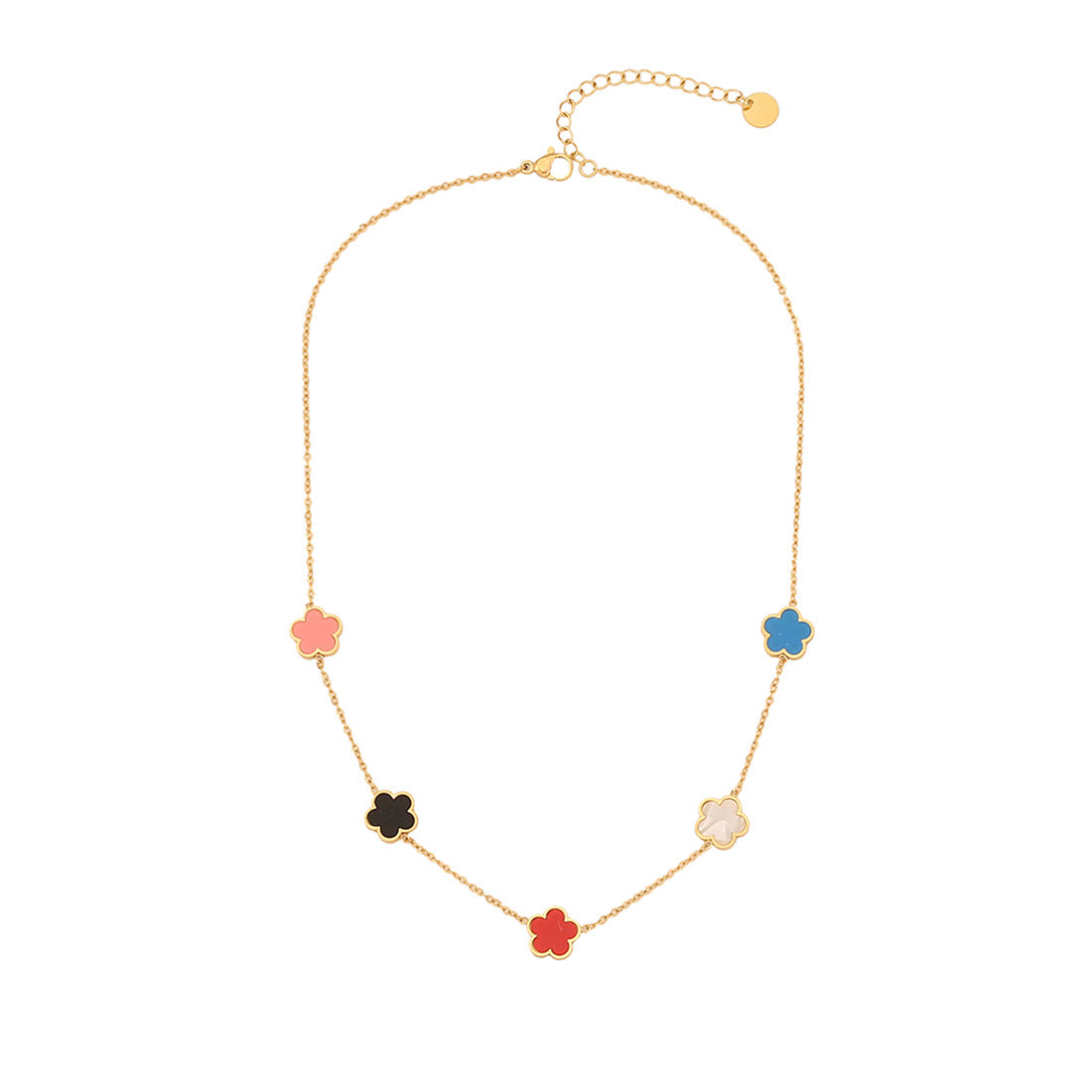 Elegante collana a pendente floreale a cinque petali in acciaio inossidabile con intarsio in acciaio al titanio e finitura galvanica su catena O per donna