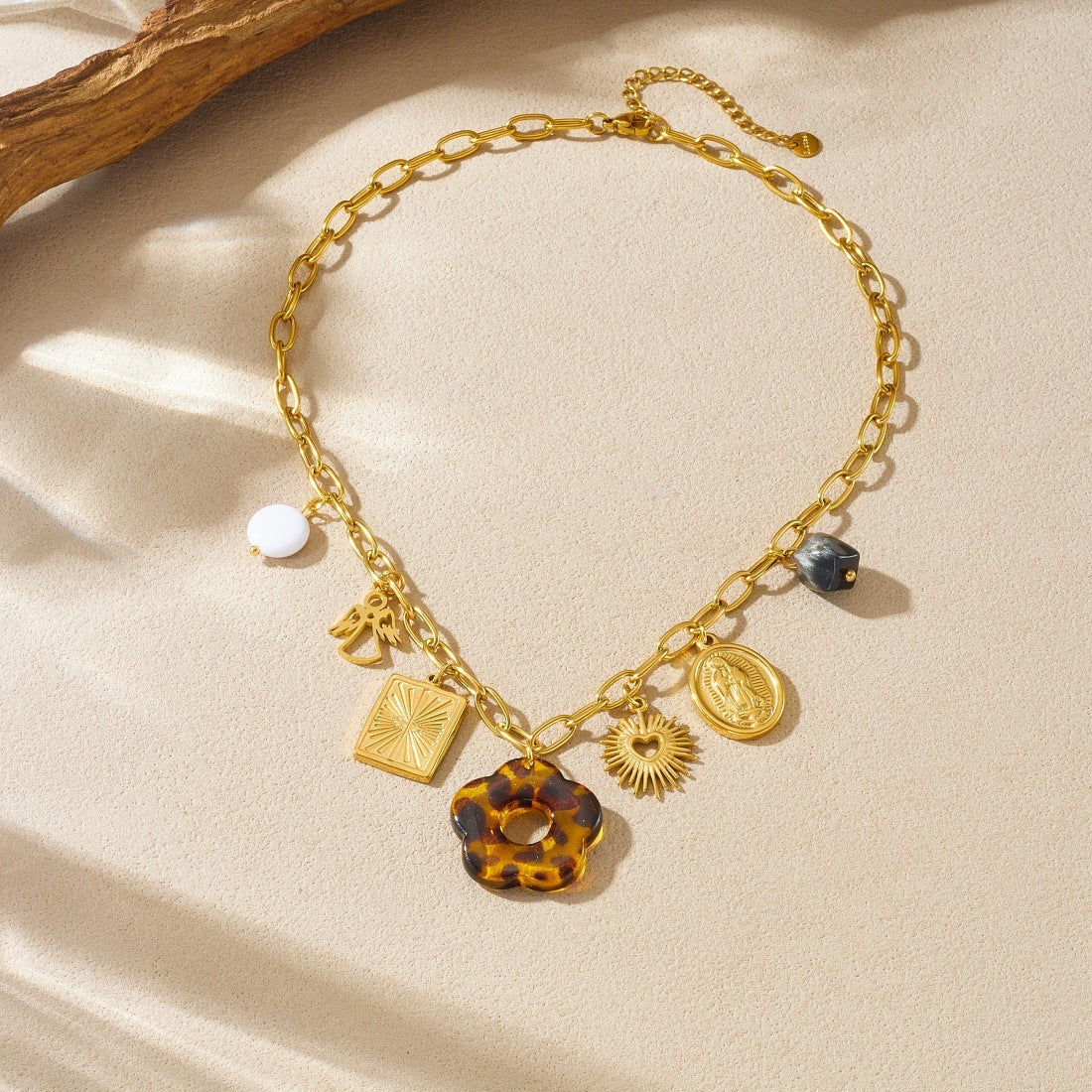 Vintage Gold Plated Stainless Steel Floral Square Oval Leopard Print Pendant Necklace