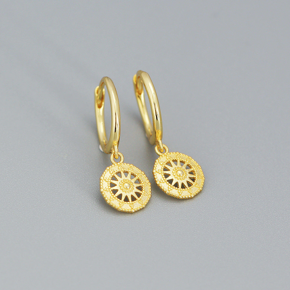 Orecchini a cerchio geometrici rotondi placcati in argento sterling 925, eleganti e raffinati, con motivo a bussola astratta da donna