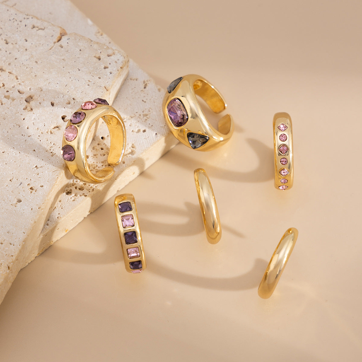 Vintage Geometric Alloy Ring Set with Micro-Pavé Colorful Inlay for Women Stackable Finger Rings