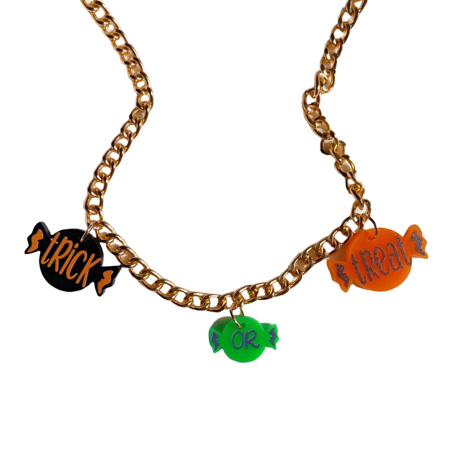 Bonito collar acrílico de Halloween con colgante de murciélago, calabaza, dulce y fantasma en cadena estándar