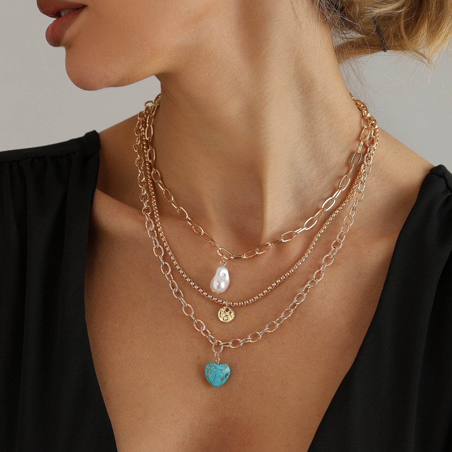 Vintage Heart Geometric Turquoise Inlay Alloy Plated Layered Necklace for Women and Men