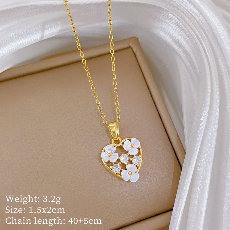 Sweet Elegant Heart Geometric Floral Cubic Zirconia Titanium Steel Necklace for Women and Men