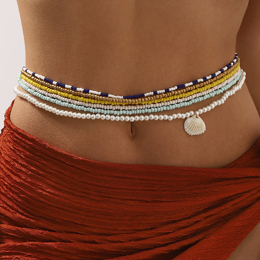 Minimalist Summer Beach Pearl-Style Beaded Waist Chain for Women with Shell Accents and Lobster Clasp