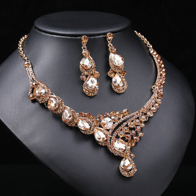 Exaggerated Vintage Alloy Necklace Set for Women with Rhinestone Accents Snake Chain and Matching Earrings Floral Wheat and Tree Motifs