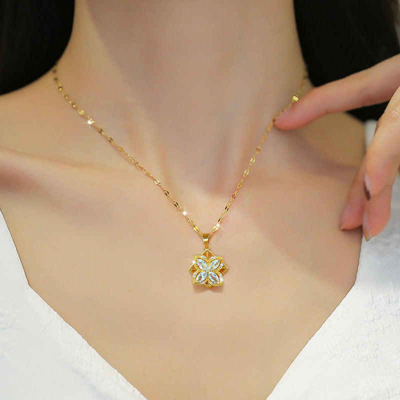 Rotating Floral Rhinestone Pendant Necklace Titanium Steel Geometric Luxury Sweet Necklace