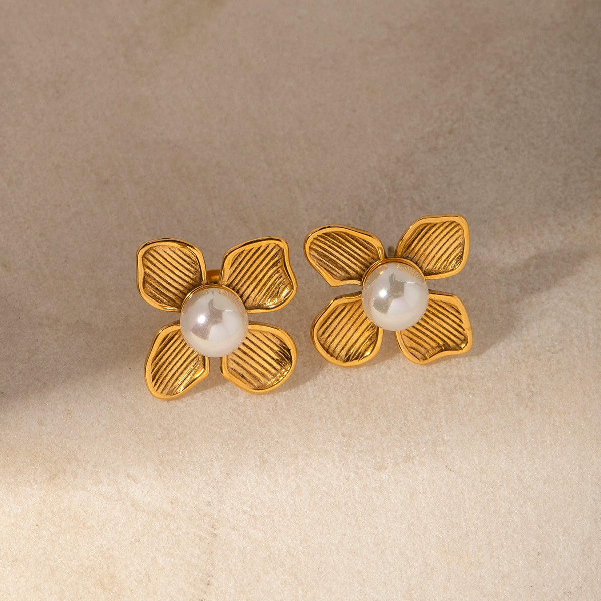 Trendy Geometric Flower Inlay Stainless Steel Earrings with Imitation Pearl 18K Gold Plated