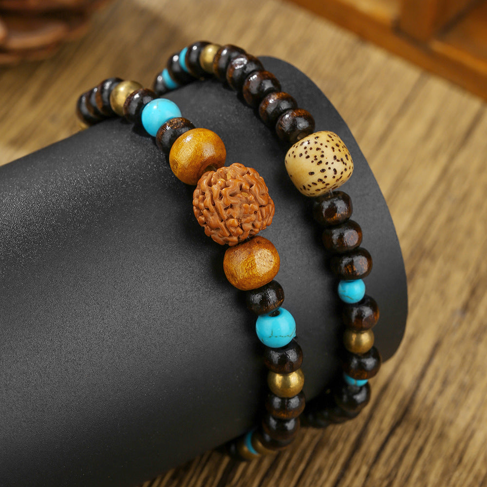 Vintage Bohemian Geometric Wood and Gemstone Bracelet for Men and Women