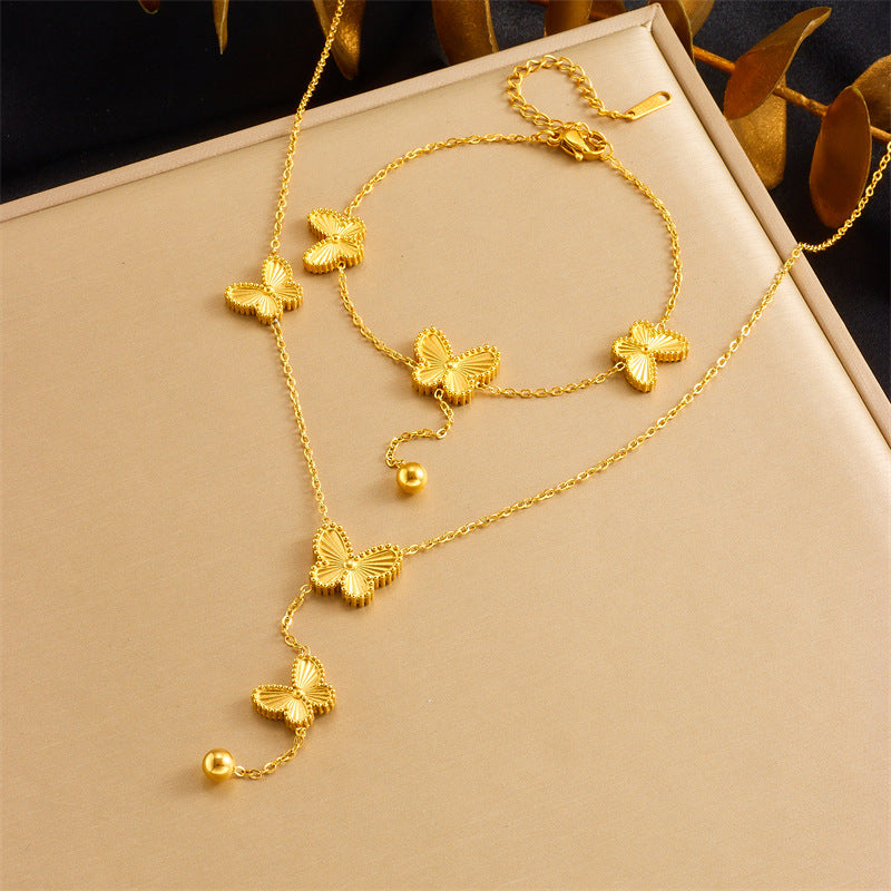 Elegant Gold Plated Stainless Steel Butterfly Ball Chain Necklace and Bracelet Set