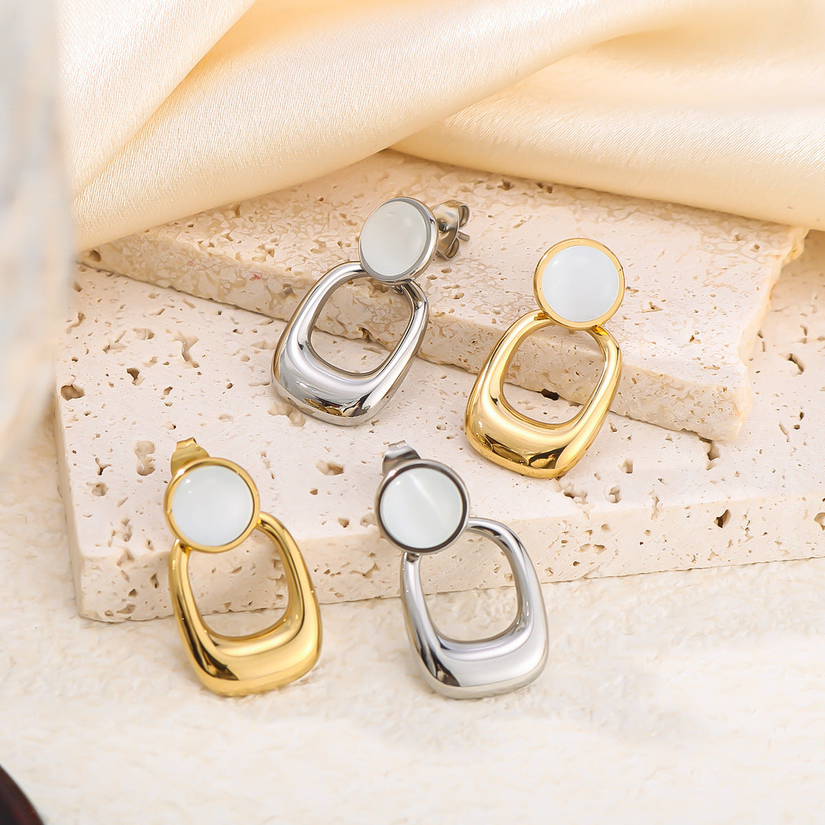 INS Style Geometric Cat's Eye Stone Pendant Earrings with 18K Gold Plated Stainless Steel and Ceramic Posts, Double-Hoop Design, Polished Finish