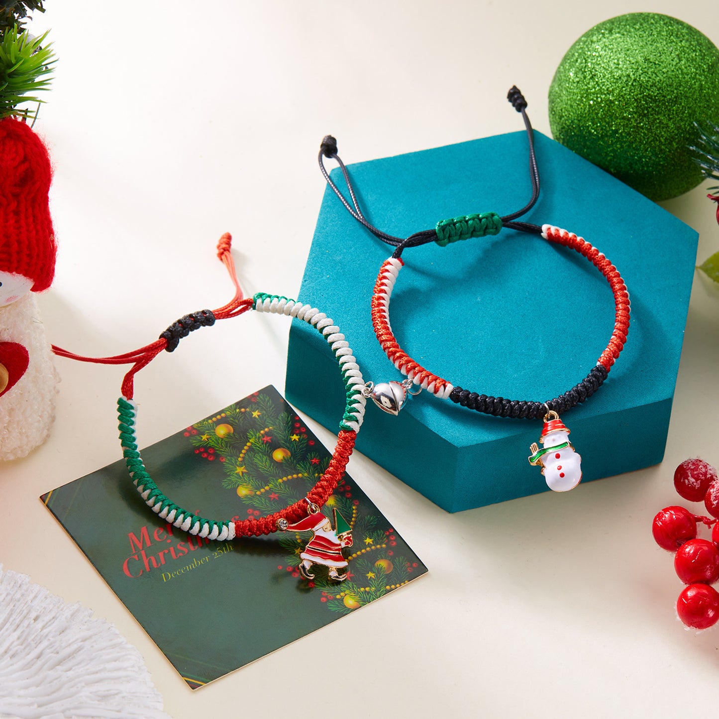 Pulsera trenzada navideña para mujer con colgantes de Papá Noel y árbol de Navidad en aleación, joya festiva para las fiestas