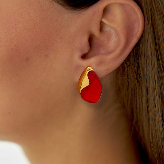 Orecchini geometrici in acciaio inossidabile con intarsio in pietra naturale rossa per donna, orecchini a lobo alla moda in acciaio al titanio elettrolitico