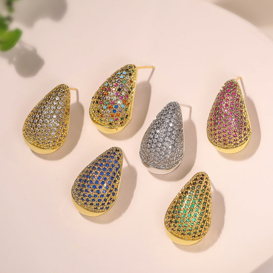 Minimalist Teardrop-Shaped Copper Earrings with 18K Gold Plating and Micro-Paved Zirconia for Women