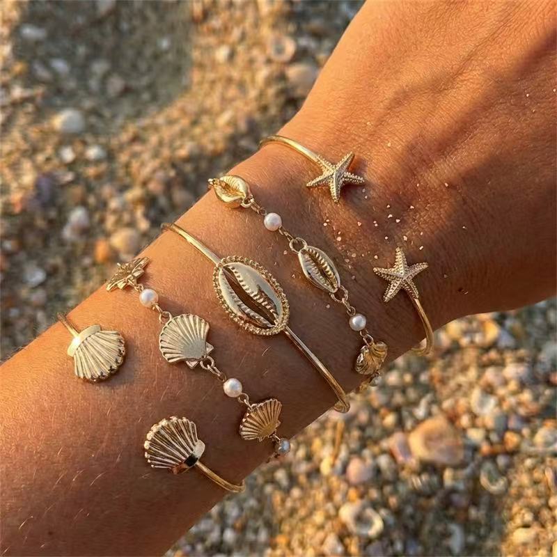Minimalist Geometric Alloy Plated Shell Imitation Pearl Open Cuff Bracelet Set for Women
