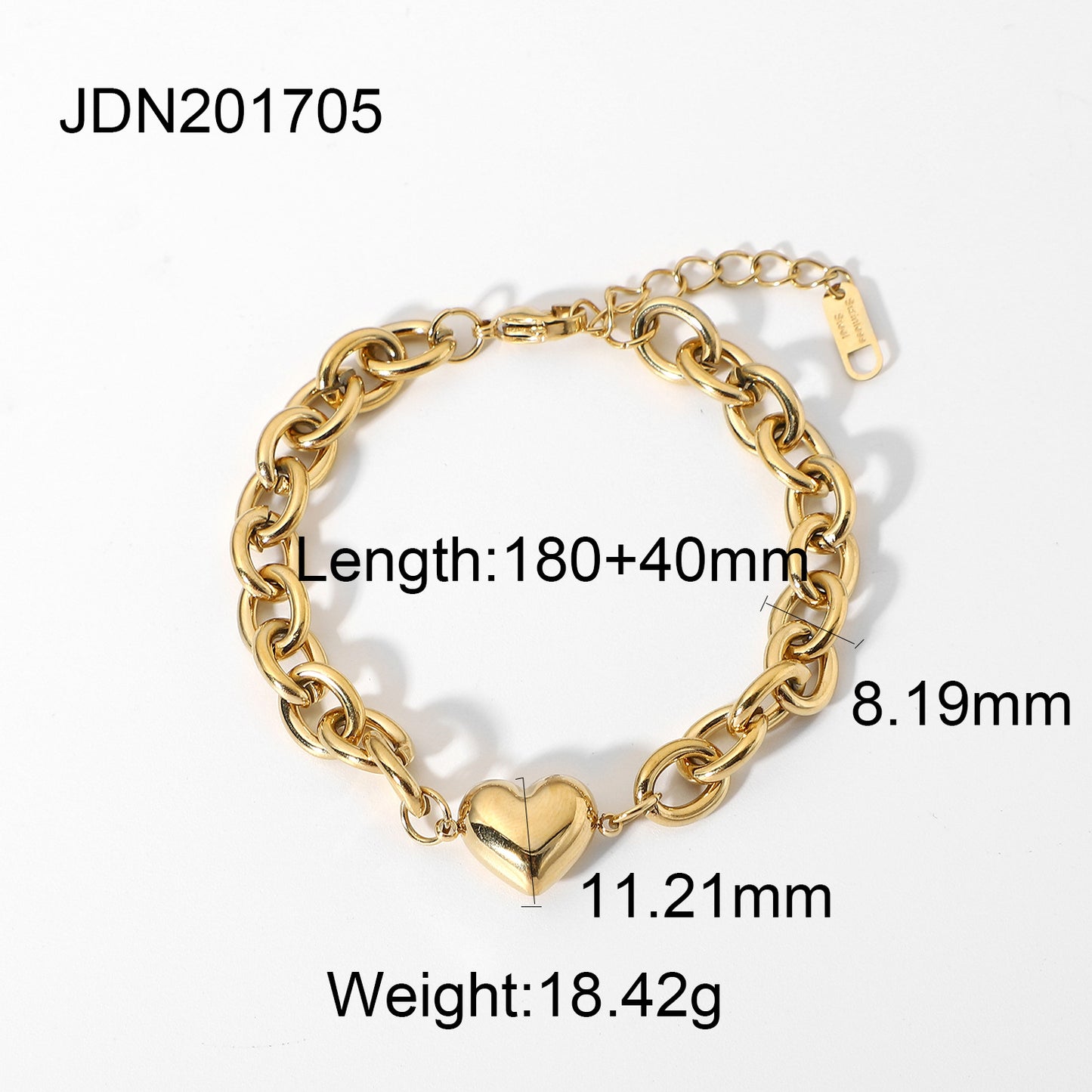 Bracciale da donna in acciaio al titanio a forma di cuore d'ispirazione vintage con catena a maglie a O placcata in oro 14 carati